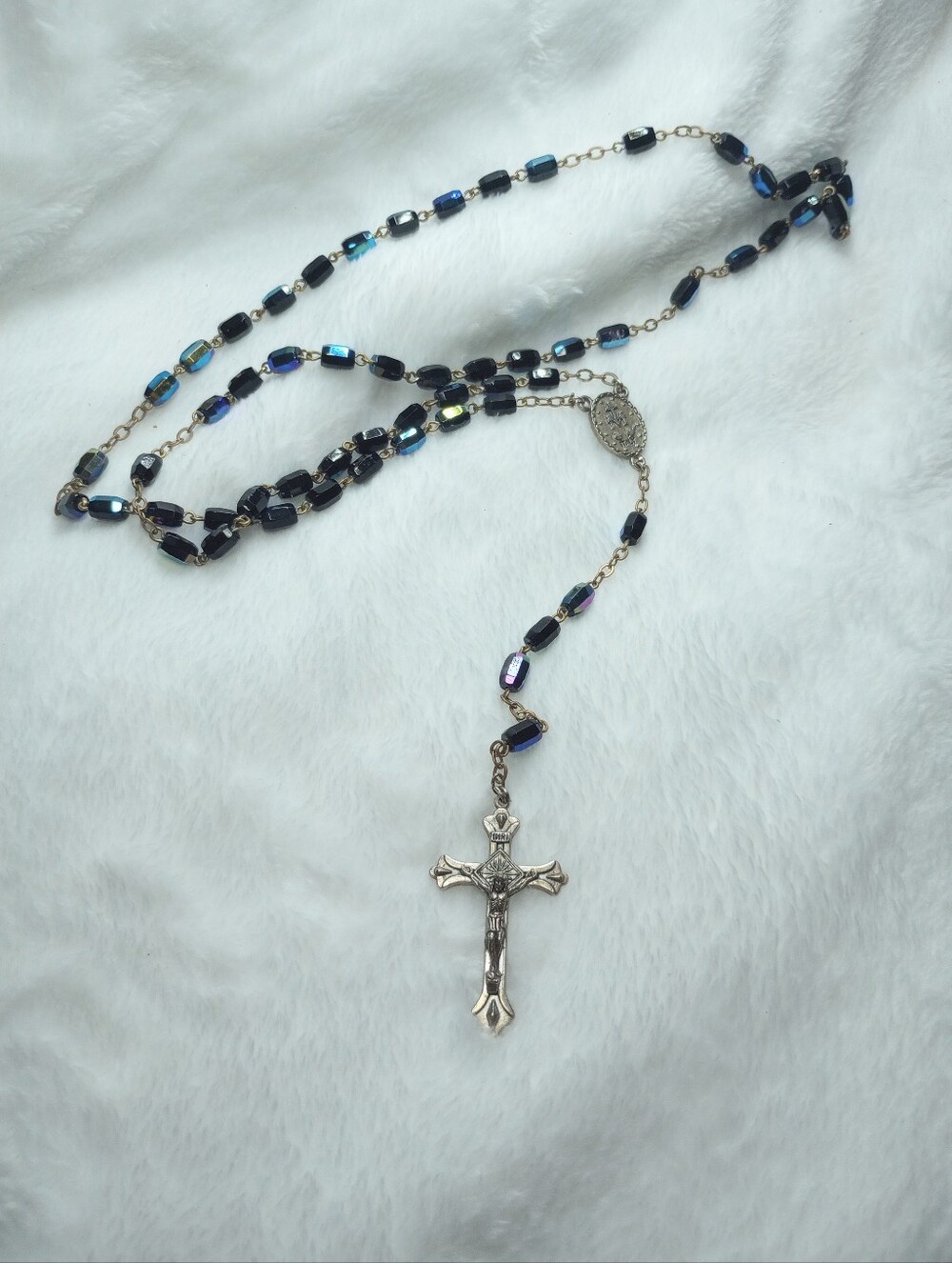 Vintage Blue Beaded Italian Rosary Miraculous Medal Center INRI  Crucifix Cross